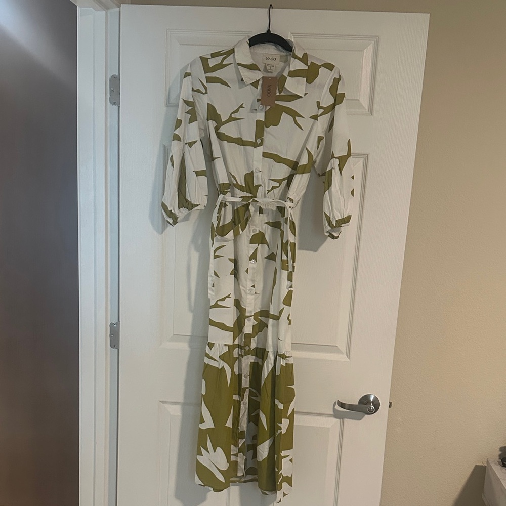 Naoo Olive and White Patterned Midi Dress